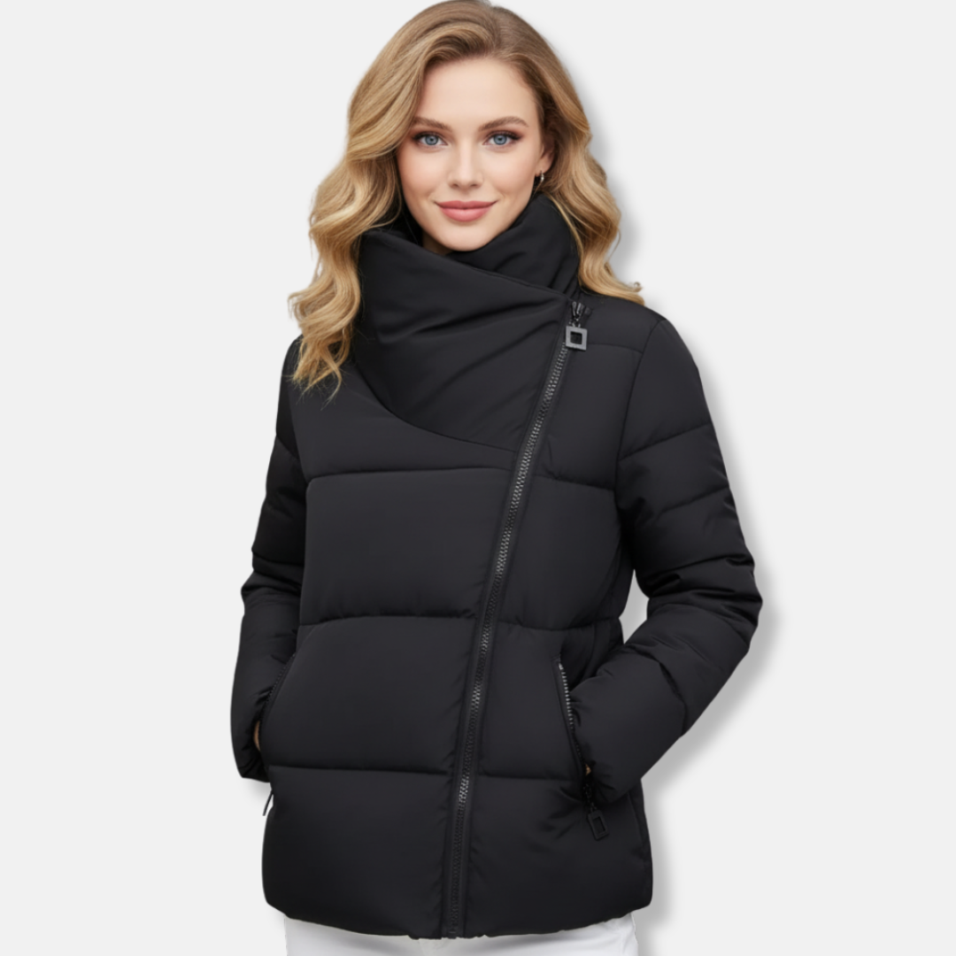 Padded Funnel Neck Asym Zip Quilted Coat