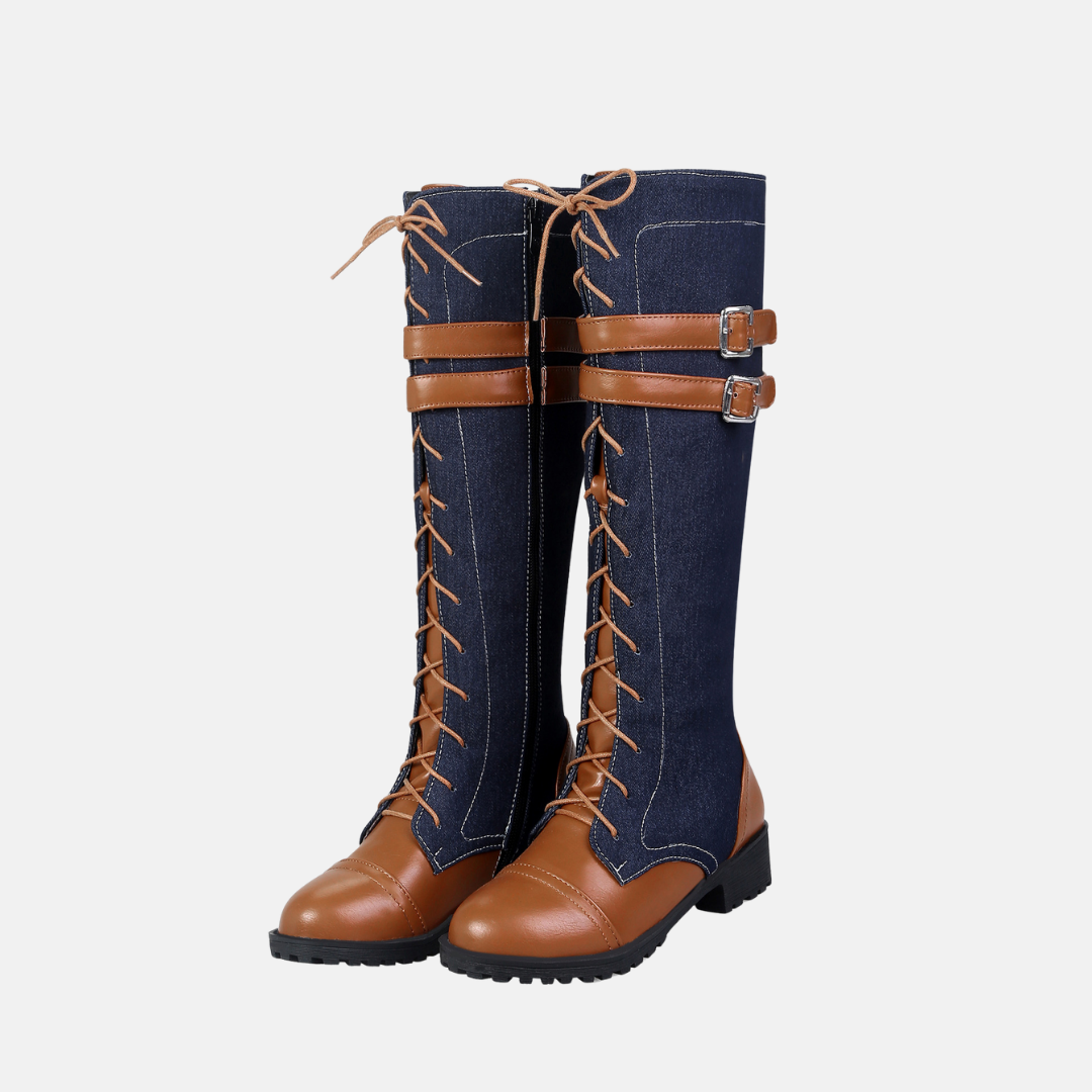 Faux Leather Lace-Up Low Block Heel Knee-High Boots