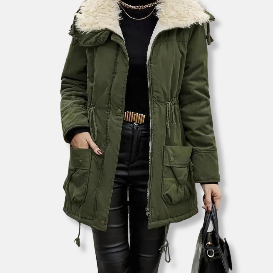 Faux Fur Hood Drawstring Waist Parka Jacket