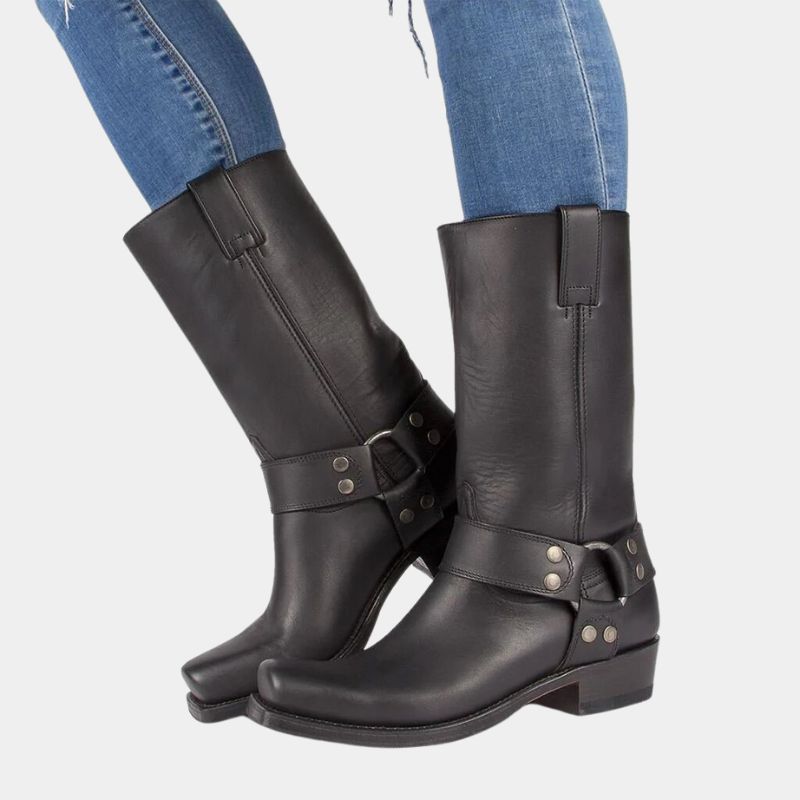Unisex cowboy boots – mid calf – leather look – harness details – pull-on design