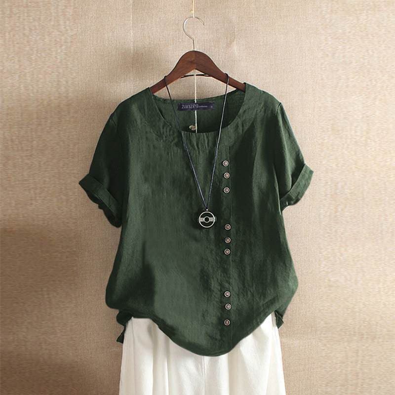 Cotton Blend Relaxed Fit Asymmetrical Buttons Blouse