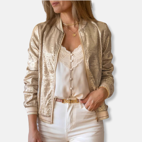 Women’s Bomber Jacket – Shiny Textured Finish – Relaxed Fit – Ribbed Trim – Zip Front