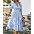 Women's Midi Dress - V-neck Button Closure - A-line Fit - Short Puff Sleeves - Striped