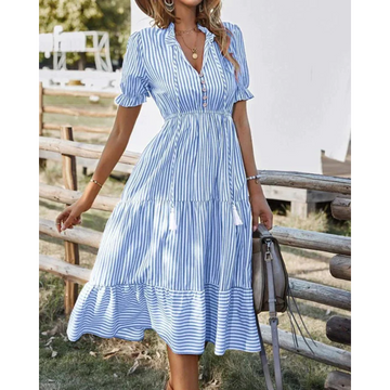 Striped Puff Sleeve A-line Midi Dress