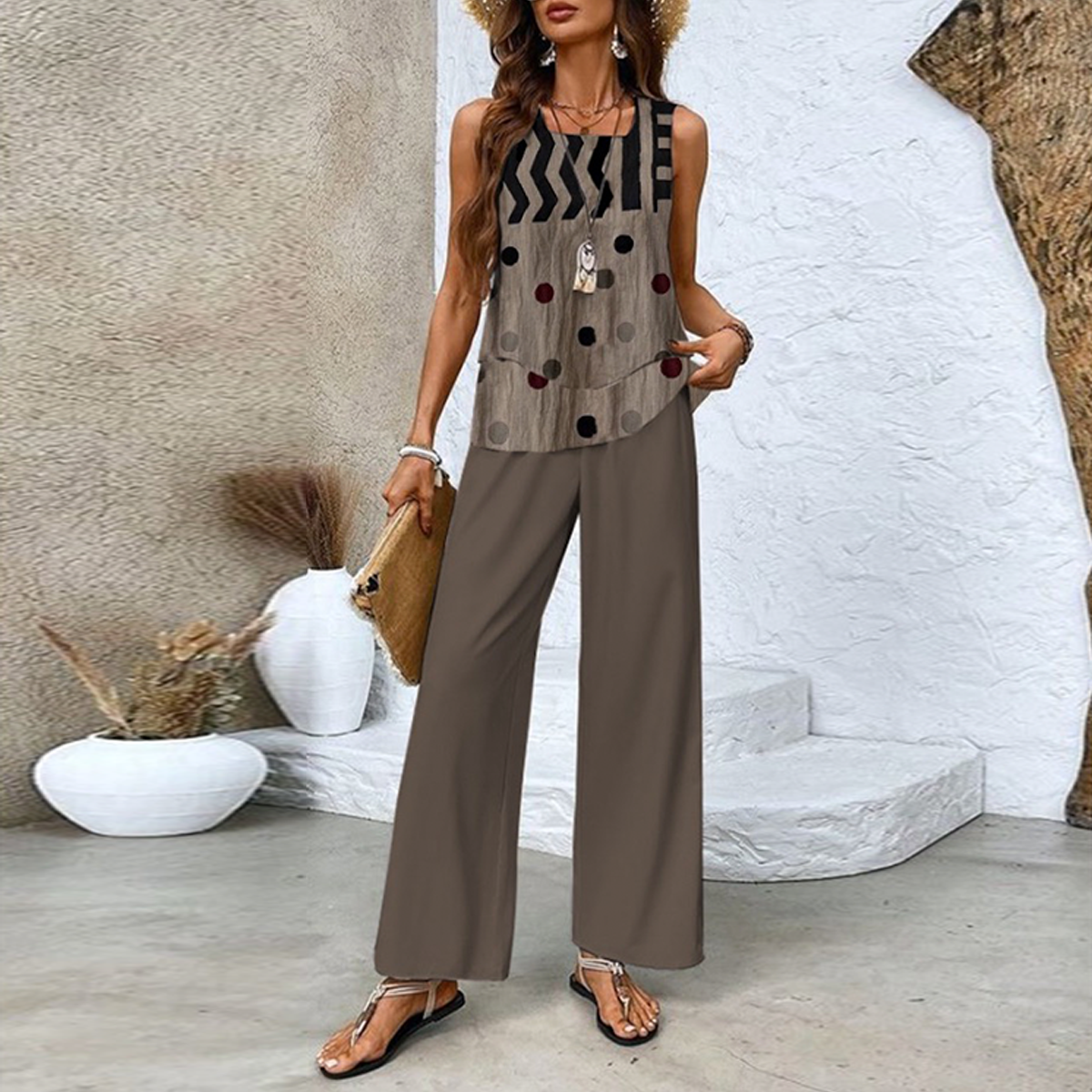 Women's Two-Piece Set - Sleeveless Top & Wide Pants - Lightweight & Breathable
