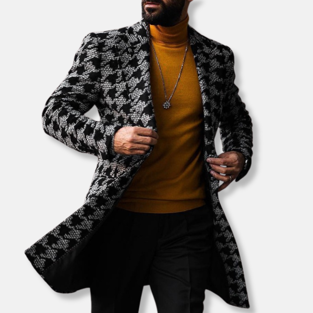 Tailored Geometric Pattern Wool Blend Trench Coat