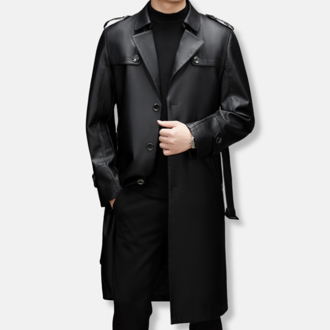 Single-Breasted Slim Fit Leather Trench Coat