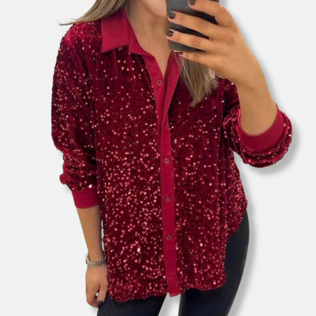 Sequin Relaxed Fit Button-Up Shirt