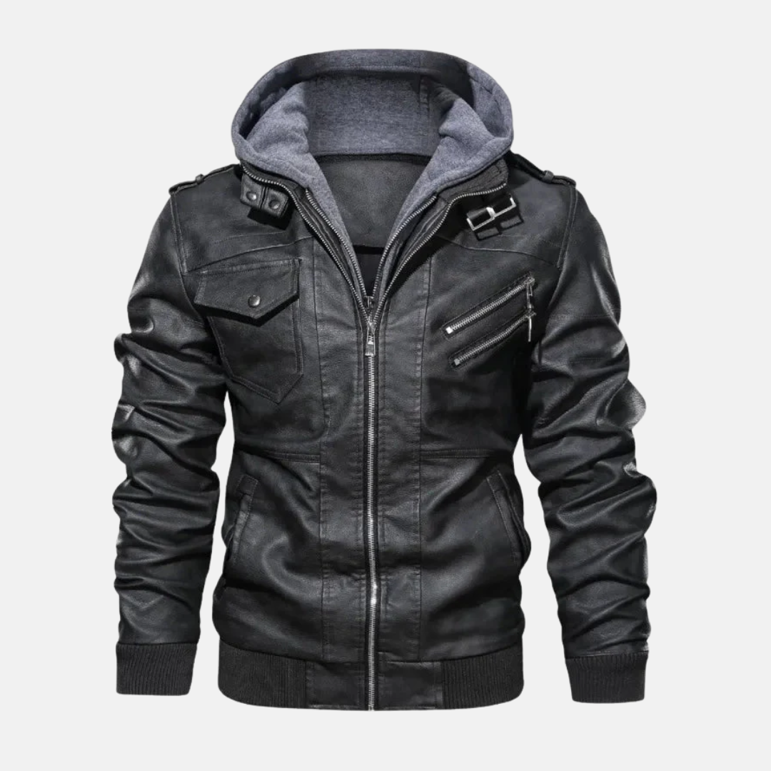 Detachable Hood Structured Fit Leather Jacket