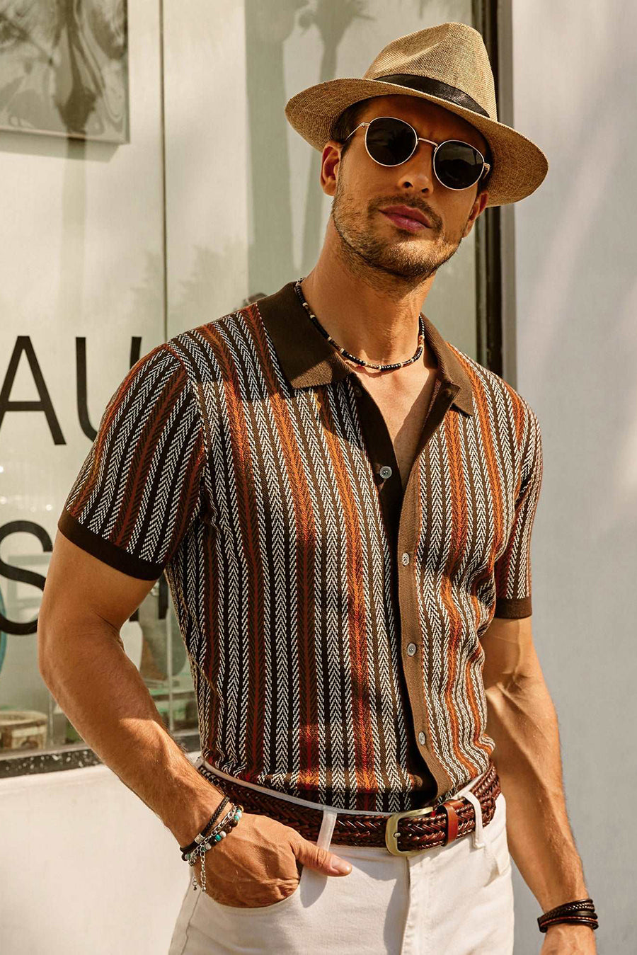 Breathable Knit Retro Striped Slim Polo Shirt
