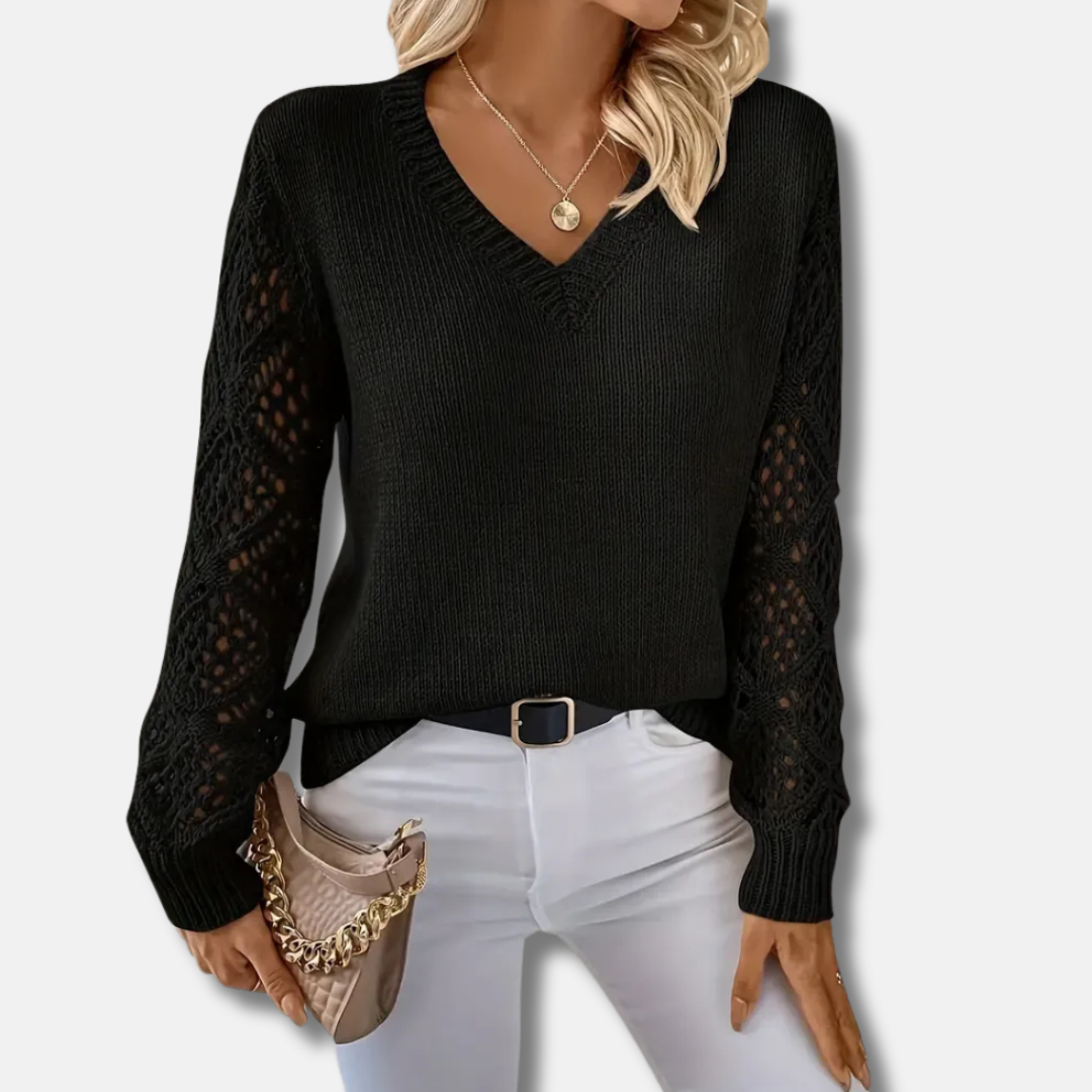 Open-Knit Sleeve Relaxed V-Neck Sweater