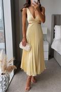 Women's Midi Dress – Pleated A-line – Open Back – Light Chiffon-like Fabric