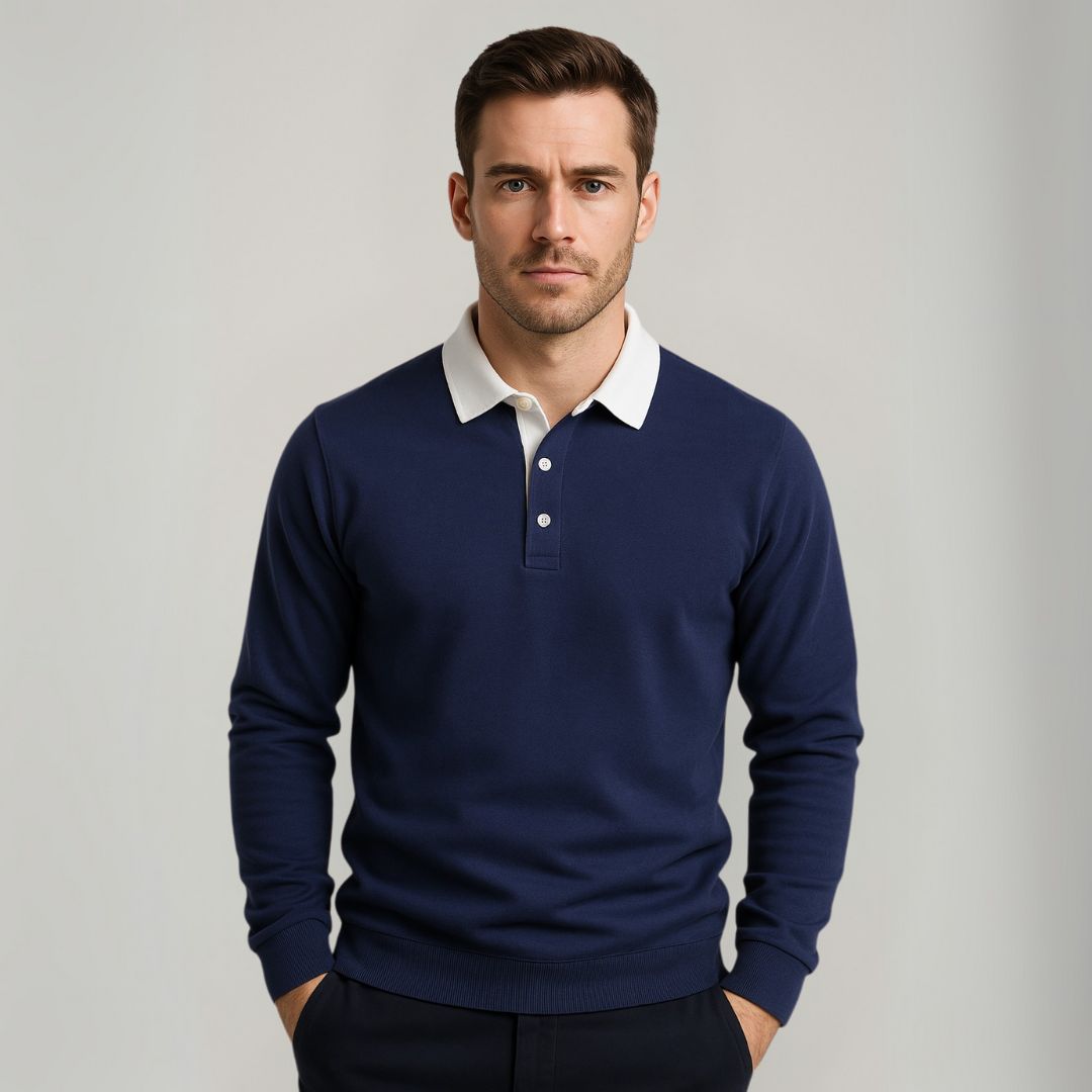 Long-Sleeved Soft Knitted Natural Fiber Polo Sweater