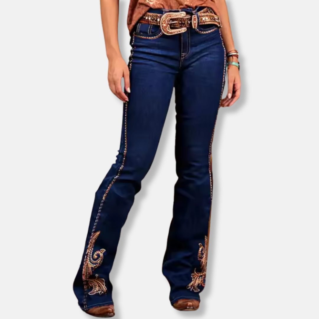 Ornate Embroidered Cotton Blend Bootcut Jeans