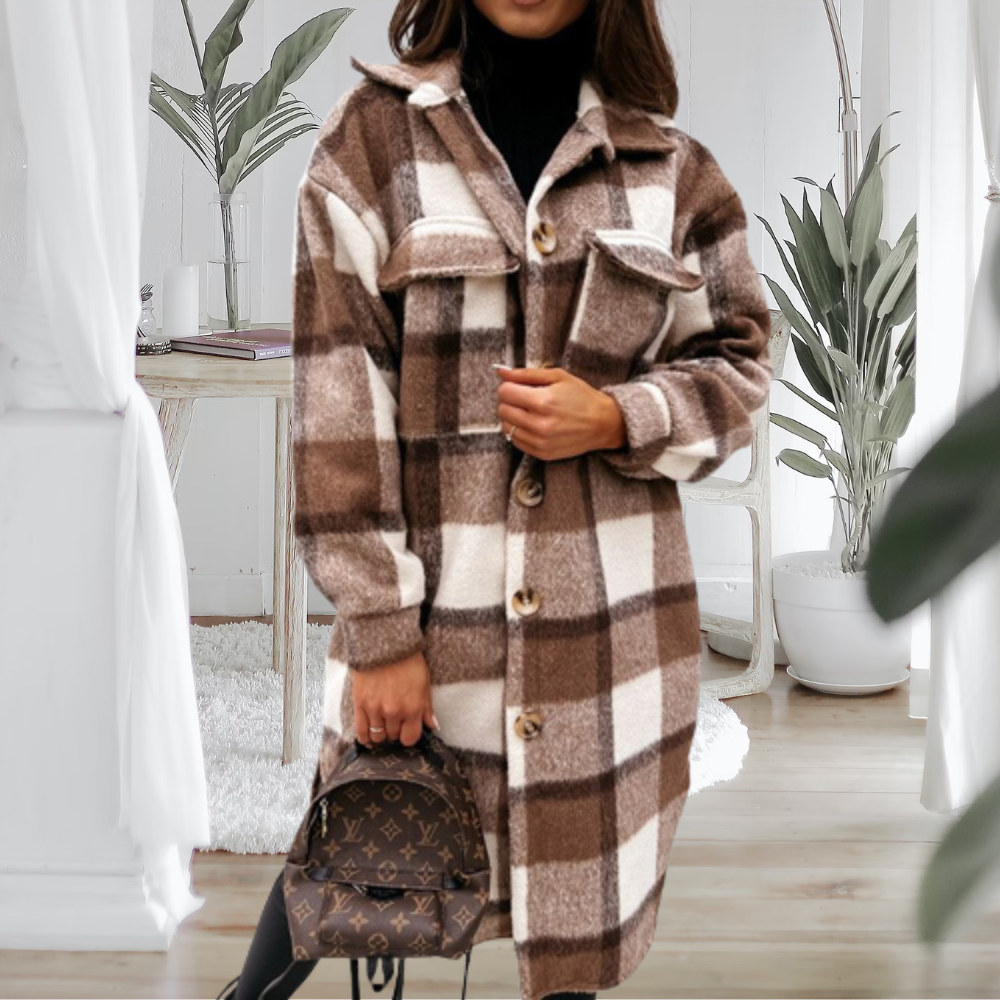Women's Wool Coat - Long Silhouette - Classic Button Closure - Checked Pattern