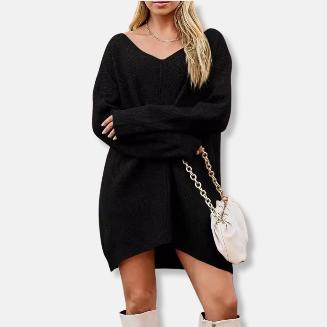 Ribbed Knit V-Neck Mini Dress