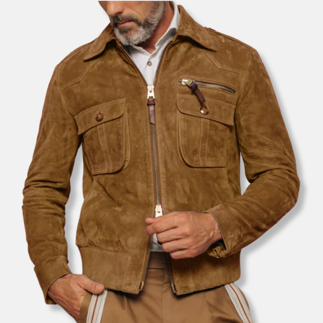 Suede Slim Fit Two-Way Zip Bomber Jacket