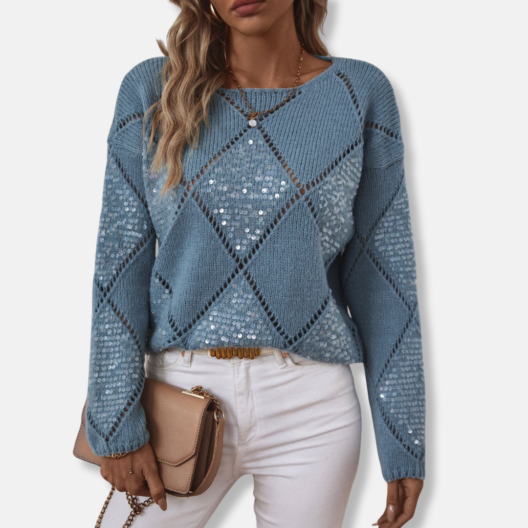 Diamond Openwork Sequin Sleeve Knitted Sweatshirt