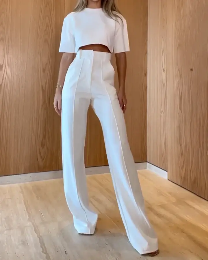 Women's Set - Cropped Top & High-Waisted Wide-Leg Pants - Elegant & Comfortable Fit