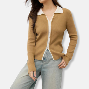 Ribbed Knit V-Neck Long Sleeve Top