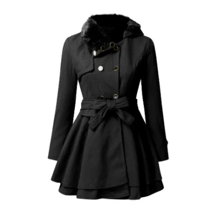 Wool Blend Faux Fur Flared Knee-Length Coat
