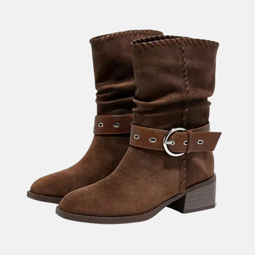 Faux Suede Slouchy Mid-Calf Block Heel Boots