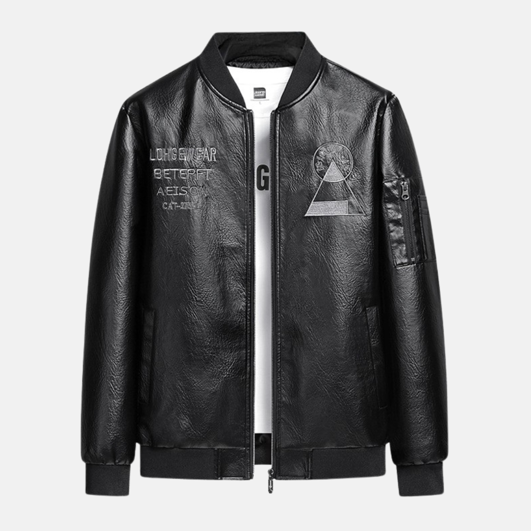 Embroidered Faux Leather Bomber Jacket