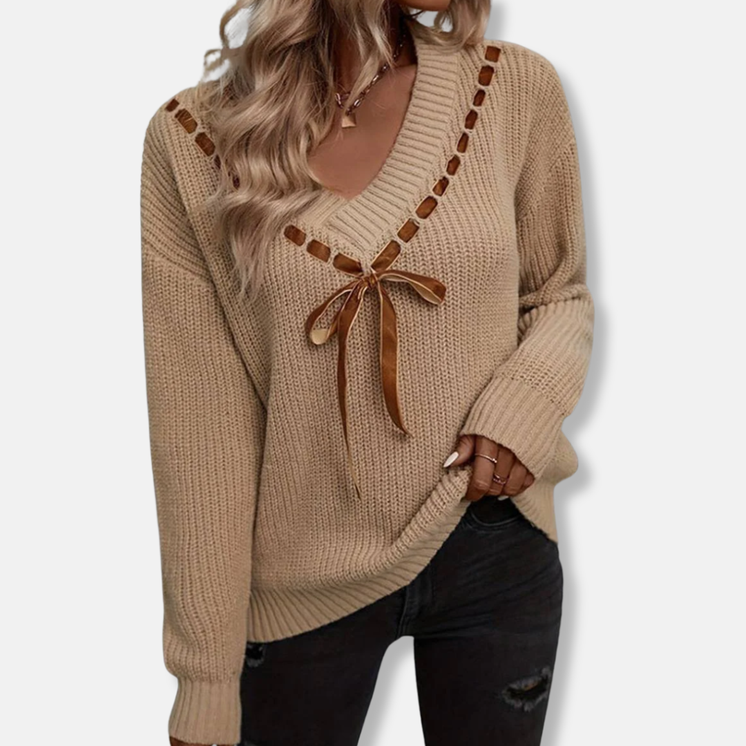 Knit Relaxed Fit V-Neck Ribbon Tie Sweater