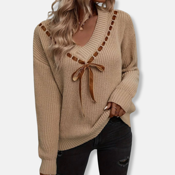 Knit Relaxed Fit V-Neck Ribbon Tie Sweater