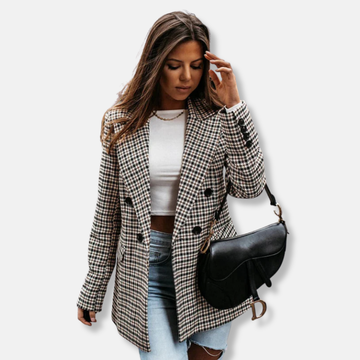 Houndstooth Double-Breasted Wool Blend Blazer