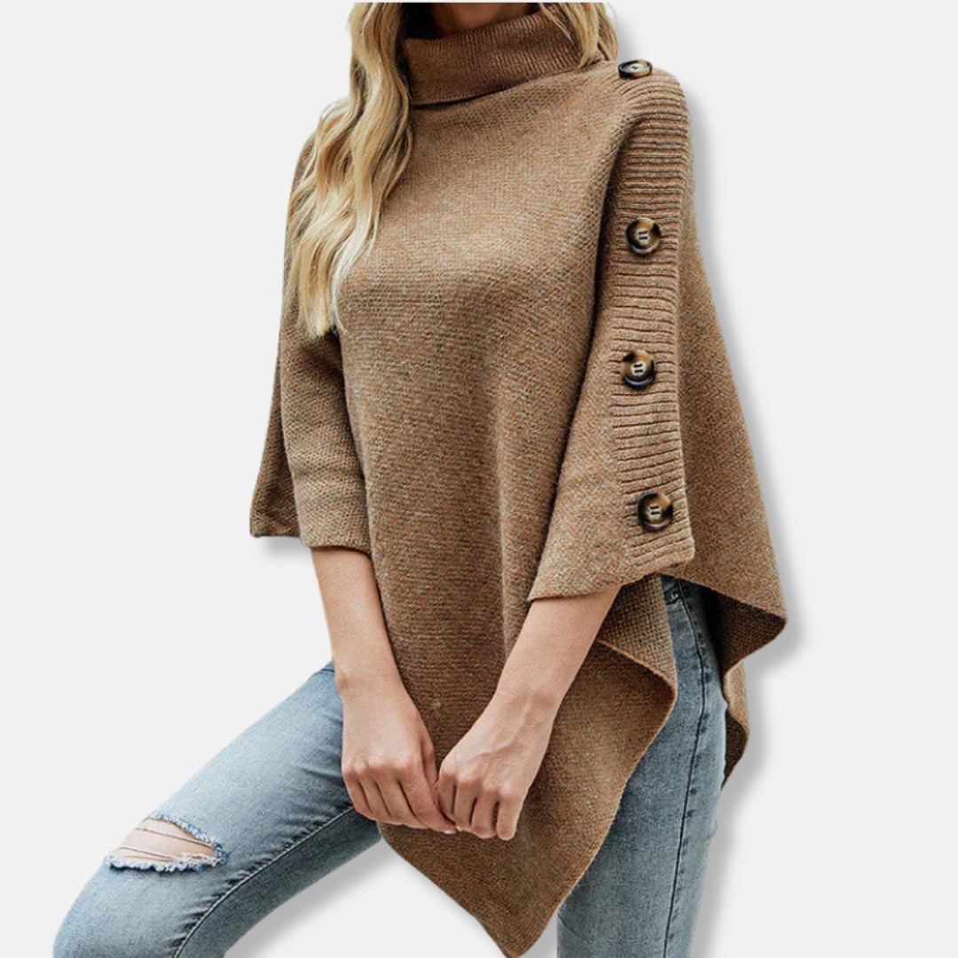 Oversized Asymmetrical Knitted High Neck Poncho