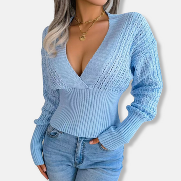 Deep V-Neck Open Knit Slim Top