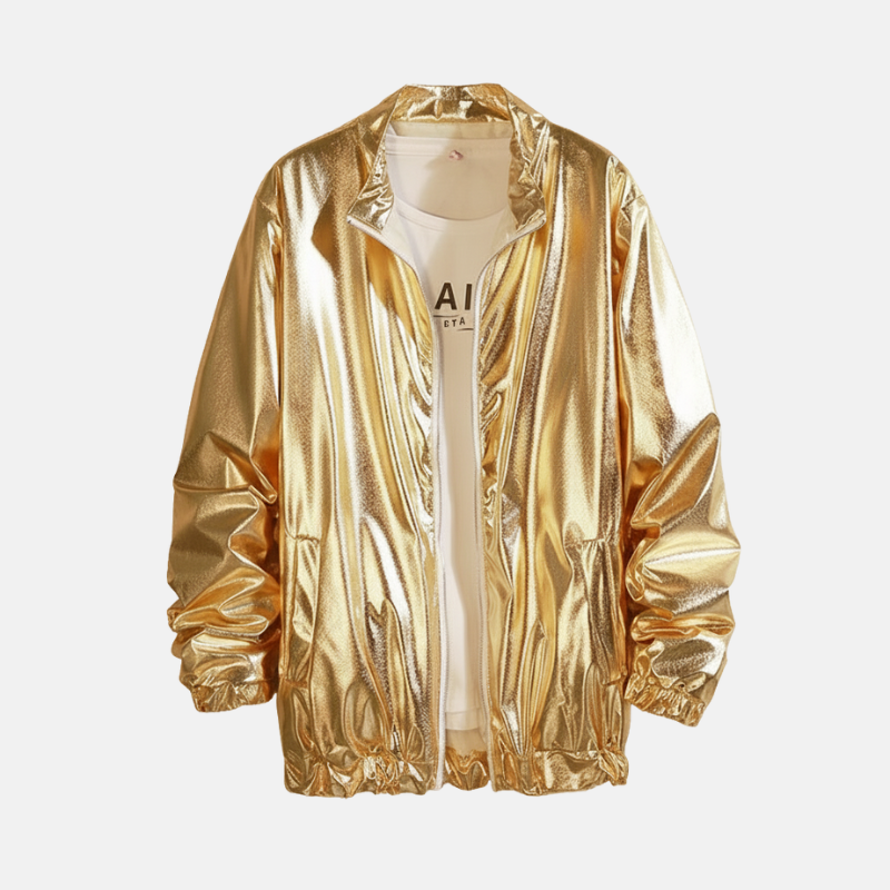 Glossy Loose Fit Collarless Zip-Up Jacket