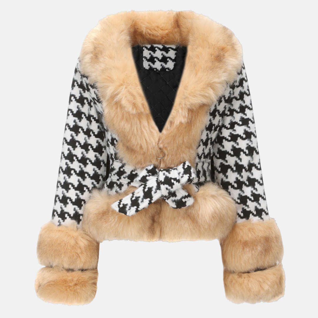 Houndstooth Fur Trim Belted Short Coat