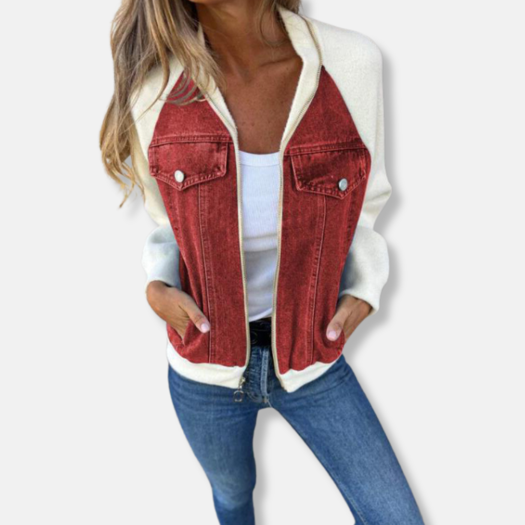Wool Blend Denim Panel Bomber Jacket