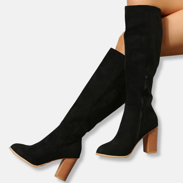 Faux Suede Almond Toe Block Heel Knee-High Boots