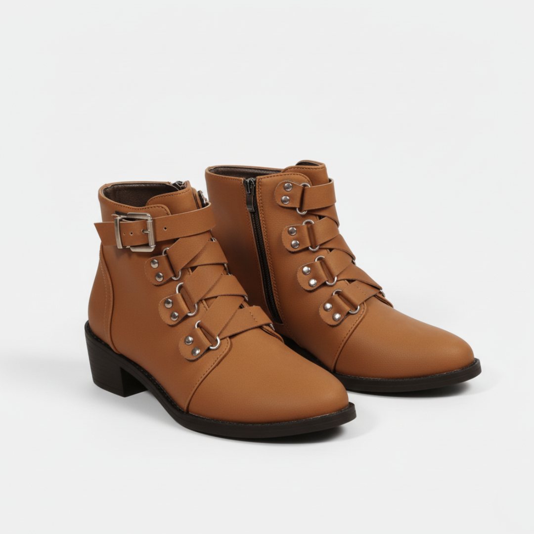 Faux Leather Buckle Strap Ankle Boots