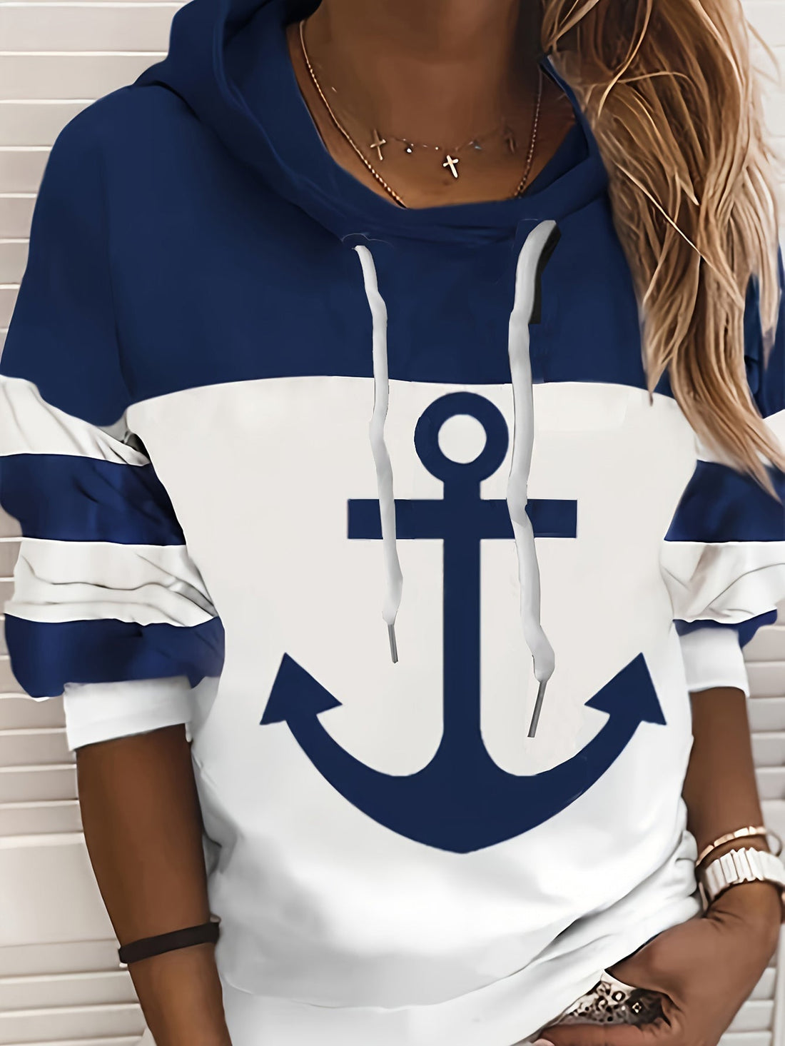 Colorblock Anchor Print Relaxed Fit Hoodie