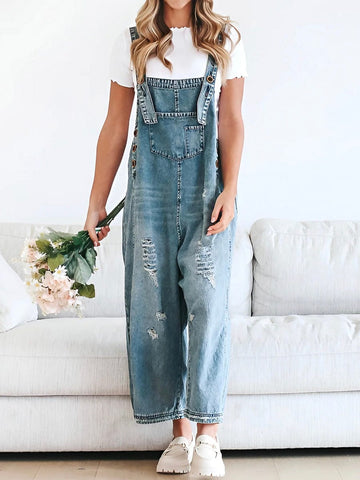 Dame Denim Overall - Løs Pasform - Justerbare Stropper - Slidte Detaljer