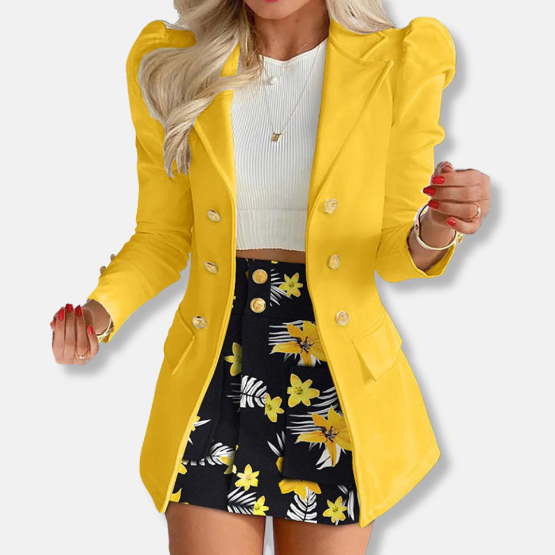 Women’s Two-Piece Suit Set - Tailored Longline Blazer with Puff Shoulders - Printed Mini Skort