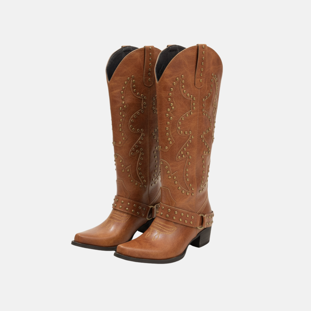 Faux Leather Knee-High Pointed Toe Studded Boots