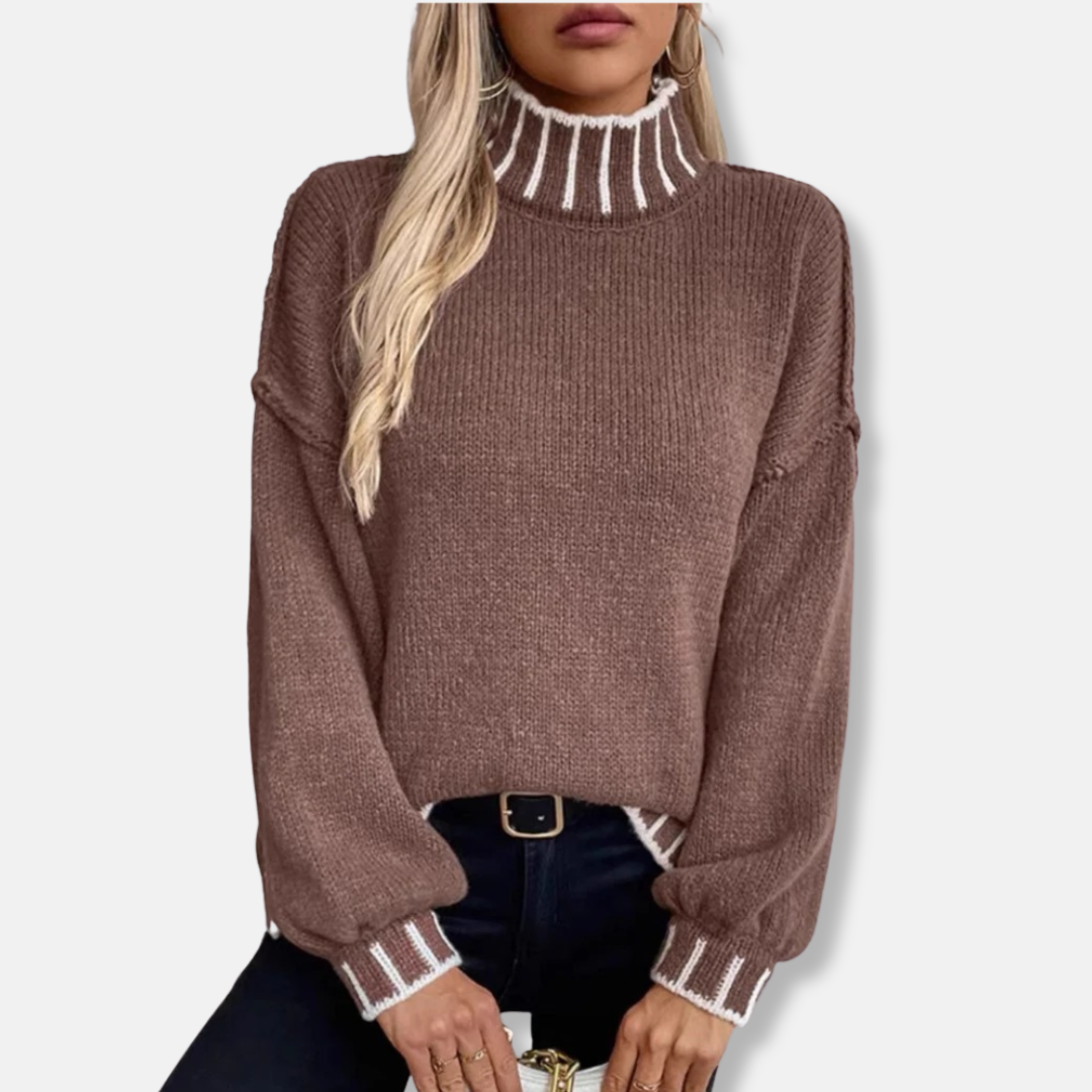 Ribbed Knit Mock Turtleneck Blouson Sweater