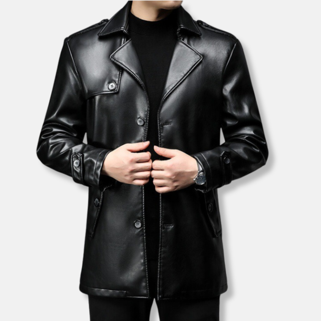 Faux Leather Mid-Thigh Notched Lapel Trench Coat