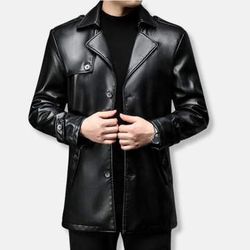 Faux Leather Mid-Thigh Notched Lapel Trench Coat