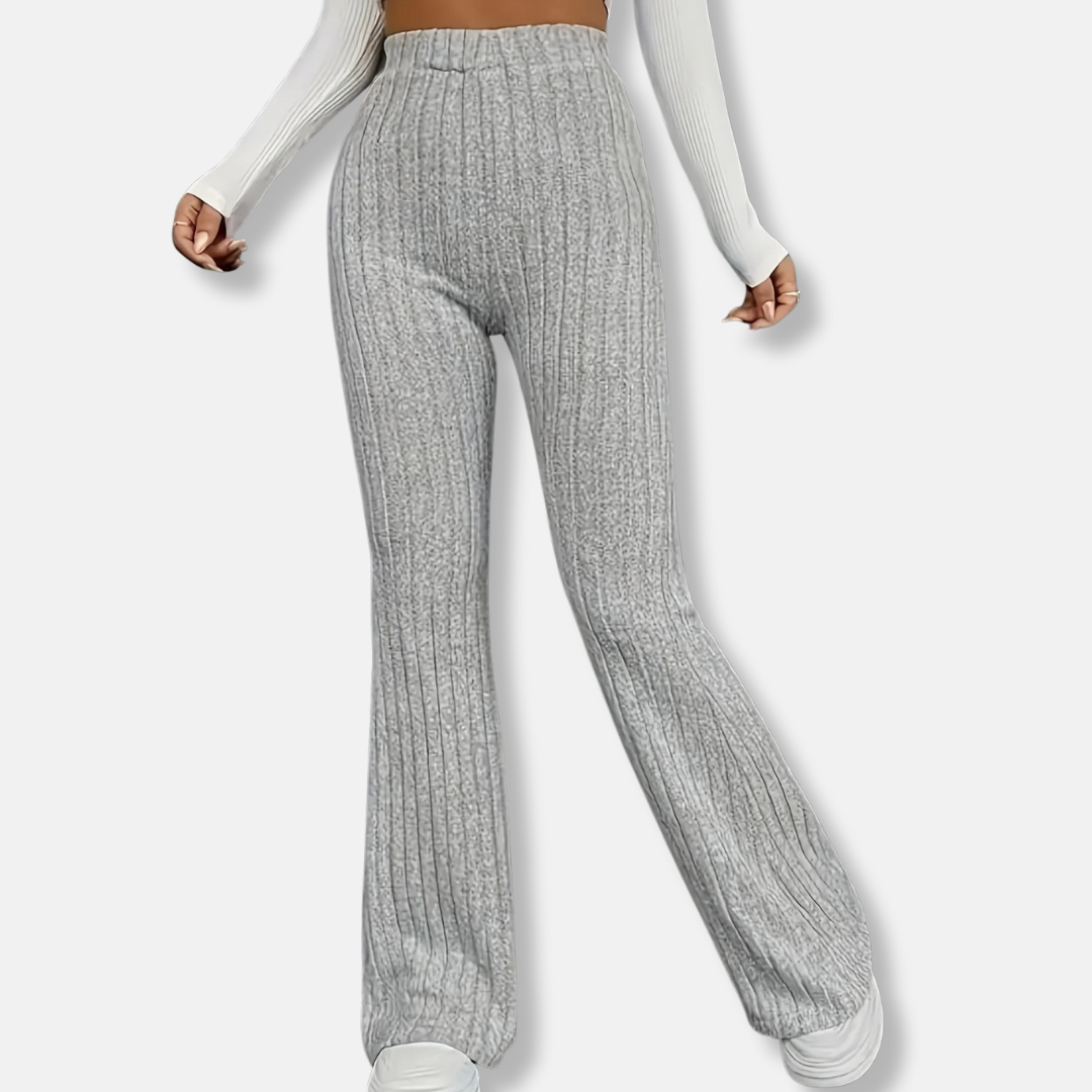High Waist Ribbed Knit Flared Trousers