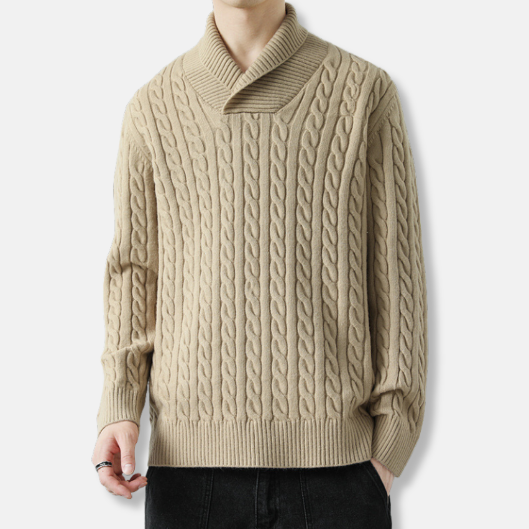 Knit Blend Shawl Collar Cable Knit Sweater