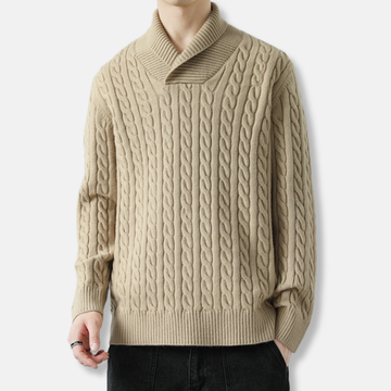 Knit Blend Shawl Collar Cable Knit Sweater