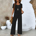 Women's Two-Piece Set – Short-Sleeved Top with Cutout – High-Waisted Wide Pants – Comfortable Fit