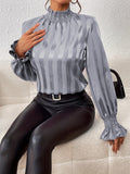 Women's Blouse - High Ruffle Collar - Long-Sleeved Smock Cuff - Glossy Satin Look