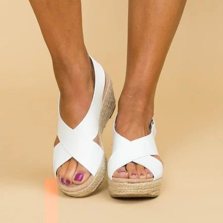 Women's Wedge Sandals – Espadrille Sole – Cross Straps – Open Toe – Comfort Heel Height